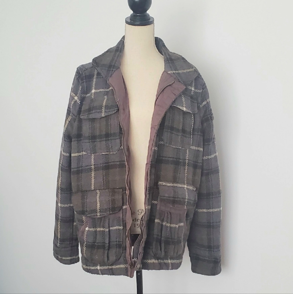 Paper Denim & Cloth Large Wool Plaid Coat Jacket - Lots Of Pockets Blue/Gray